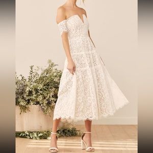 Lulus Absolutely Stunning White Lace Off-the-Shoulder Midi Dress Size Medium